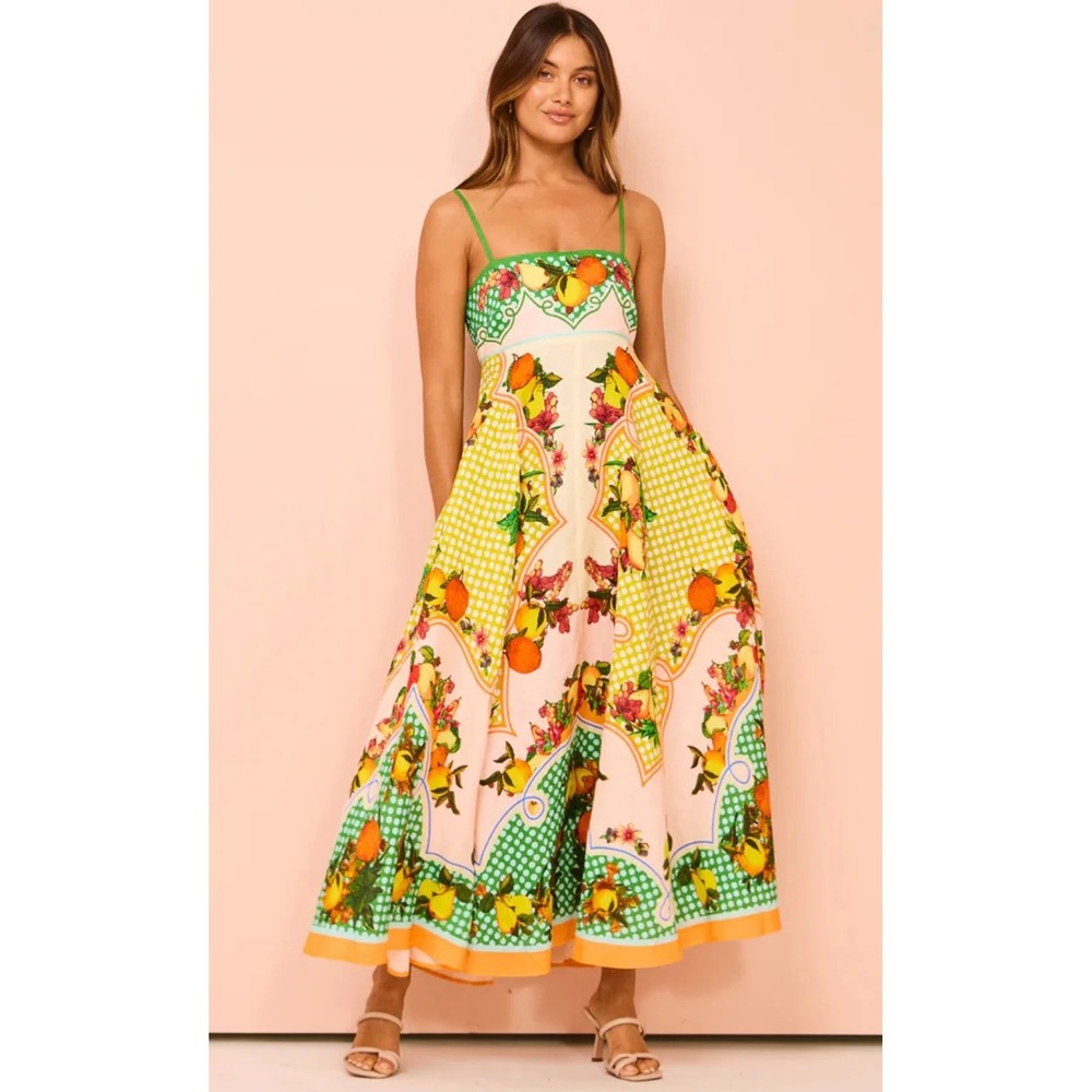 ALÉMAIS Alemais Lemonis Sundress Citrus Print Linen Midi Dress Size 8 - Picture 6 of 12